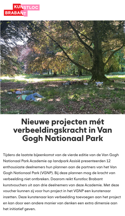 Screenshot van artikel geplaats door kunstloc over de nieuwe projecten van het Van Gogh NP Academy
